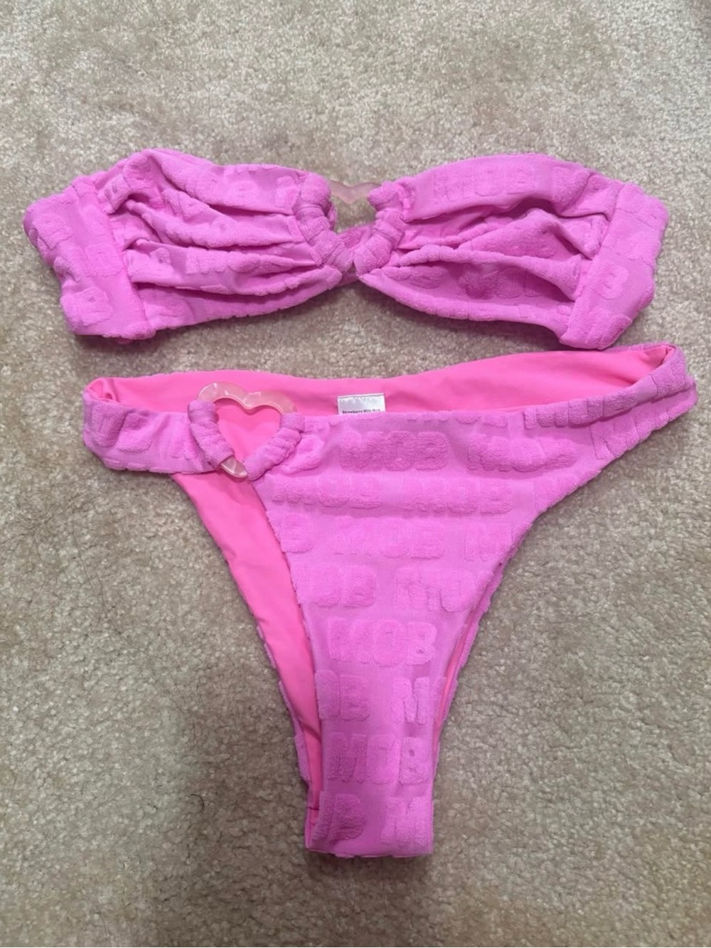 Strawberry Milk Mob Pink Textured Heart-Buckle Bikini Set
